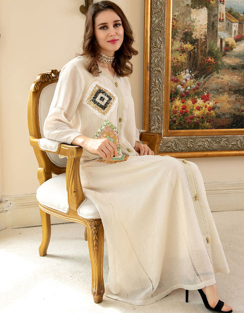 Sequins Jalabiya Imitation Linen Abaya for Evening Party Occasions